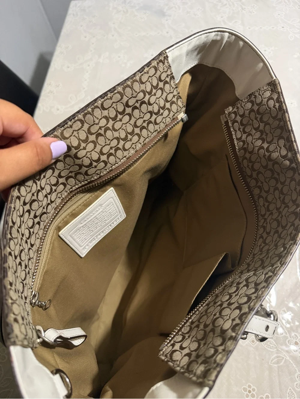 Coach Signature Gallery Tote F11526 Khaki Jacquard White Leather Trim